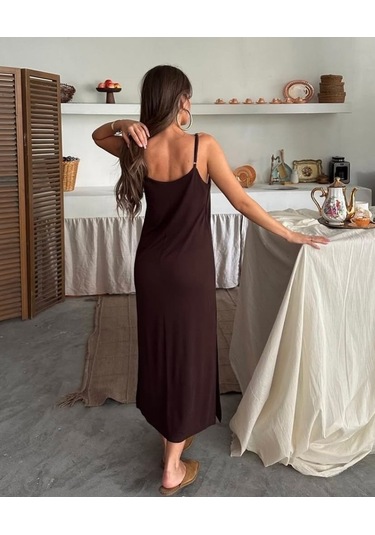 Kadın Siyah Asansör Askılı Çift Yırtmaçlı Helen Elbise Kahve