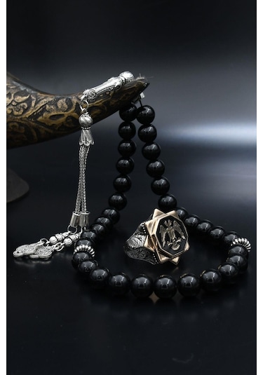 Doğal Oniks Taşlı Tesbih Ve 925 Ayar Gümüş Yüzük Selçuklu Kartalı Mineli 902065 Gümüş