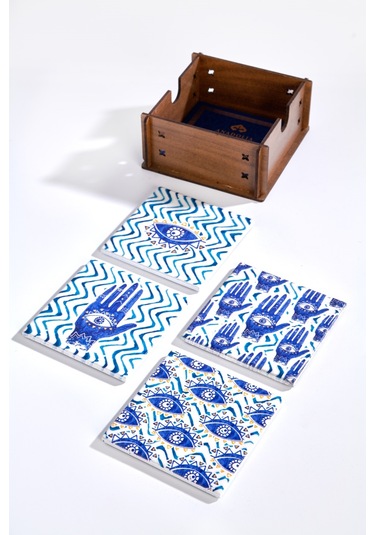 Nazar Mavi 4'lü Seramik Bardak Altlığı Mavi