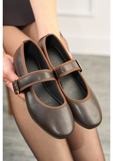 Günlük Bej Kadın Babet Oval Burun Tokalı Sade Kemer Kısa Topuklu Ev İş Ofis Hafif Ayakkabı 210 Acı Kahve