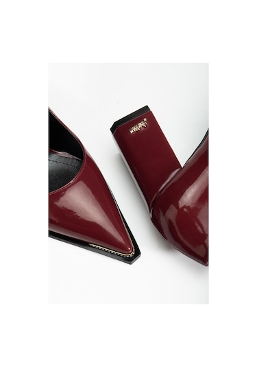 Suins Premium Verty Model Kadın Kalın Topuklu Burnu Taşlı Rugan Stiletto Ayakkabı Bordo