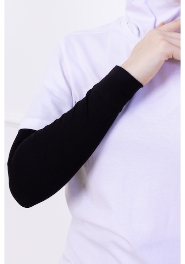 Likralı Penye Kolluk Siyah - Pratik Kadın Tesettür Düz Namaz Kolluğu 1 Çift 40cm Viskon Hijab Siyah