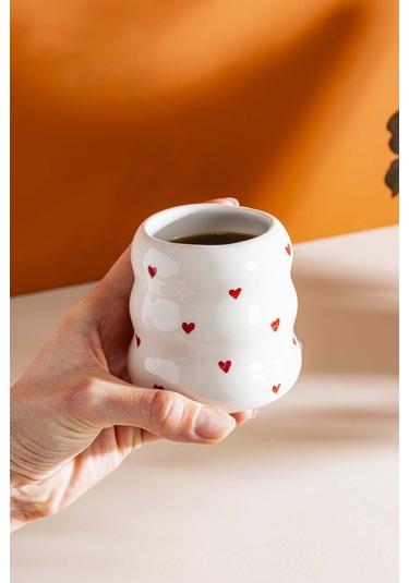 Rivaistanbul Mini Kalpler Amore El Yapımı Seramik Double Kahve Bardağı Mug Kupa Krem