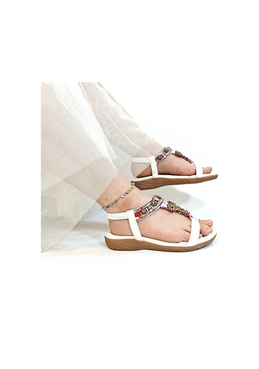 Voyager 9639 Beyaz Taban Masajlı Taş İşlemeli Bayan Sandalet Beyaz