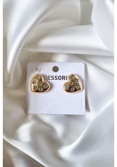 Trade Bazaar Moda Şık Tasarım Taşlı Kalp Küpe Altın