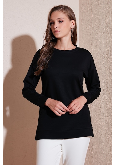 Lela Streç Oversize Fit Bisiklet Yaka Modal Kumaş Bayan Sweat 5865877 Siyah