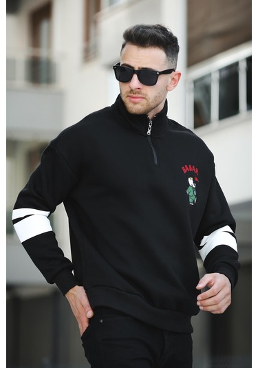 Babar Üç İplik Şardonlu Nakışlı Fermuarlı Dik Yaka Oversize Erkek Sweatshirt 001