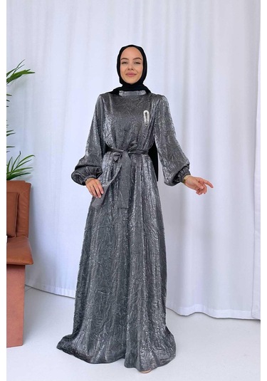 Broş Detay Elbise - Antrasit