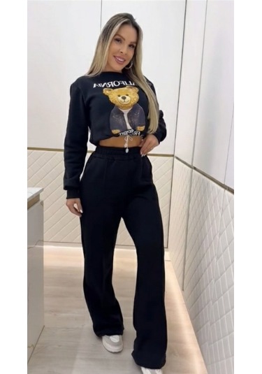 S-pazarım Kadın Uzun Kollu Bisiklet Yaka Desenli Iki Iplik Şardonlu Bluz Ve Pantolon Ikili Takım Siyah