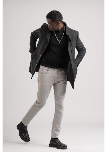 Slimfit Hakim Yaka Düğme Kapamalı Yan Cepli Astarlı Tek Yırtmaçlı Yünlü Kaşe Kaban Antrasit