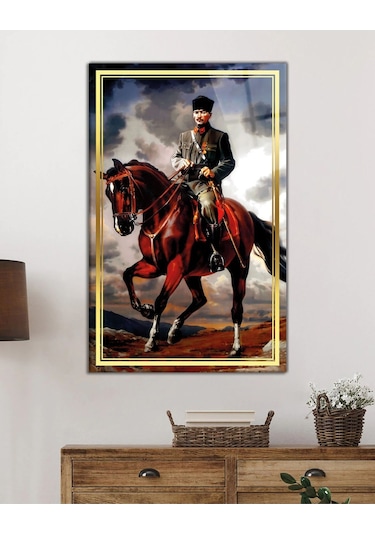 Es10 Es10 SN Gold Şerit At Üzerinde Atatürk Cam Tablo, Uv Baskılı ve Temperli, Hediyelik