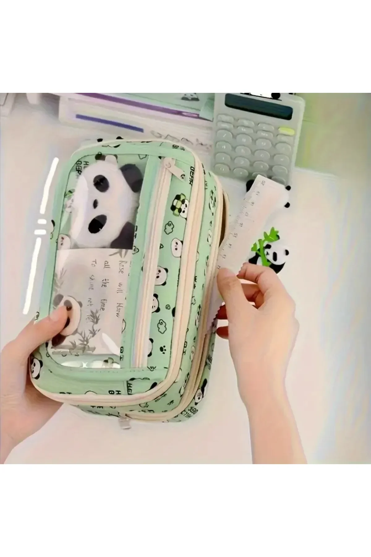 2025 Yeni - Panda Kalem Kutusu Peluş Bir Broş+ Bebek+5 Det Stickers+2 Klip Yeşil