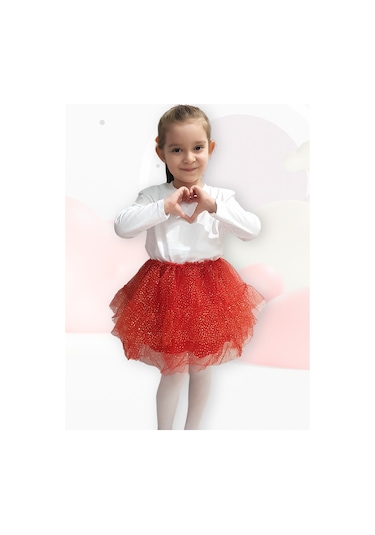 Kız Çocuk Tül Yaldızlı Içi Astarlı Etek Kırmızı