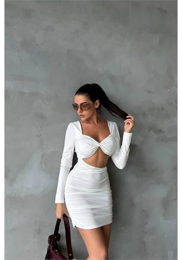 Dip Moda Kadın Beyaz Sırt Ve Göğüs Dekolteli Mini Elbise Dpnbdf079 BEYAZ