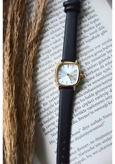 Kadın Kol Saati Siyah Kordon Yeni Sezon Vintage Sade Gold Altın Bb0021 Gri