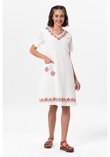 Kolsuz Şile Bezi Kruvaze Yaka Nakışlı Tülin Midi Boy Yazlık Otantik Elbise Krem Krm-krem Krem