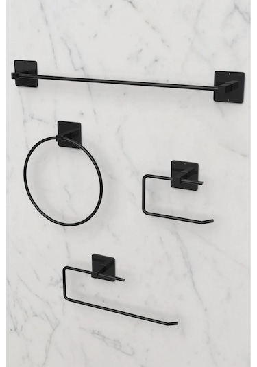 Yapışkanlı 4'lü Siyah Uzun Havluluk Rulo Havluluk Wc Tuvalet Kağıtlık Yuvarlak Havluluk Seti Siyah