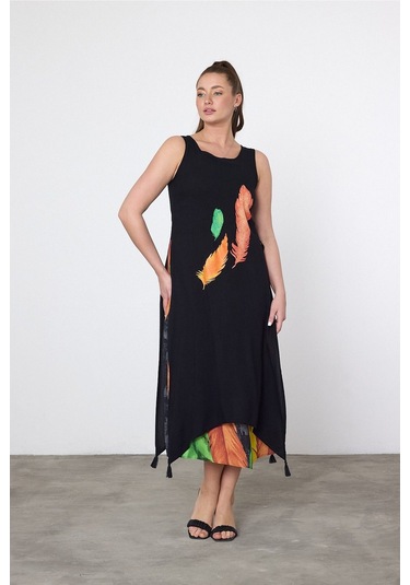 Schık Kadın Yazlık Bol Kolsuz Rahat Baskılı Elbise Turuncu