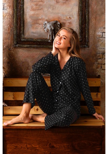 Nisanca Kışlık Düğmeli Ekose Desen Yılbaşı Temalı Kadın Süet Pijama Takımı Siyah