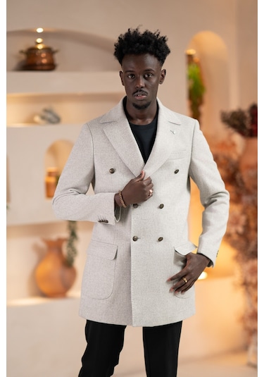 Paul Martin İtalyan Yaka Yünlü Kruvaze Kaşe Kaban Gri