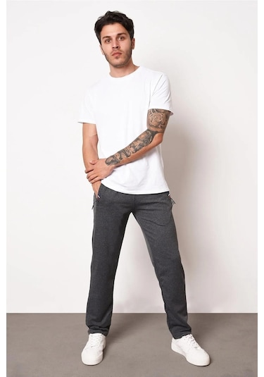 MMetalic Antrasit  Erkek Fermuar Cep Nakış Detaylı Düz Paça Rahat Kesim Eşofman Altı