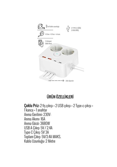 2'li Priz Yüksek Akım Korumalı 3680 Watt / 2xusb Girişi / 2xtype- Diğer