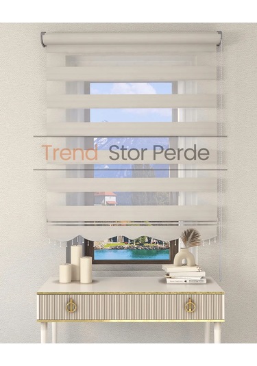 Geniş Plise Beyaz Boncuklu Zebra Stor Güneşlik Perde Opak Ekru