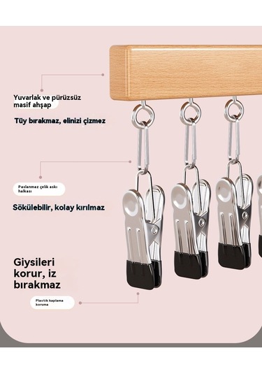 10 Klips Ve Tek Sıra İç Çamaşırı Ve Çorap Klipslerinin Sorunsuz Bir Şekilde Saklanabildiği Çok İşlevli, Masif Ahşap Çoklu Klipsli Askı Kahverengi