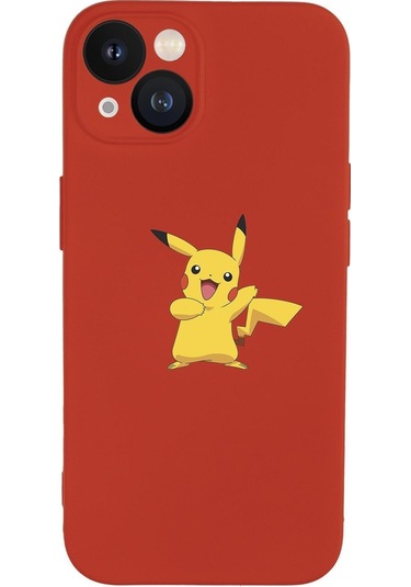 Iphone 13 Uyumlu Pikaçu Desenli Kamera Lens Korumalı Darbe Emici Silikonlu Lansman Kılıf Kirmizi
