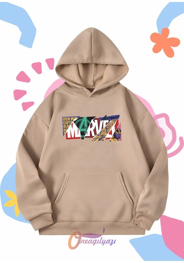 Çocuk Unisex Marvel Baskılı Oversize Kapüşönlü Sweatshirt Bej