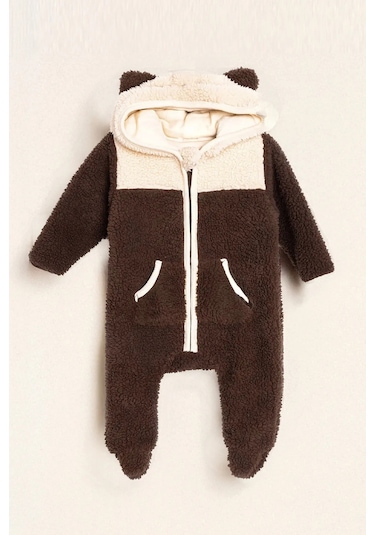 Luess Peluş Kulak Detaylı Unisex Bebek Tulum - Kahverengi