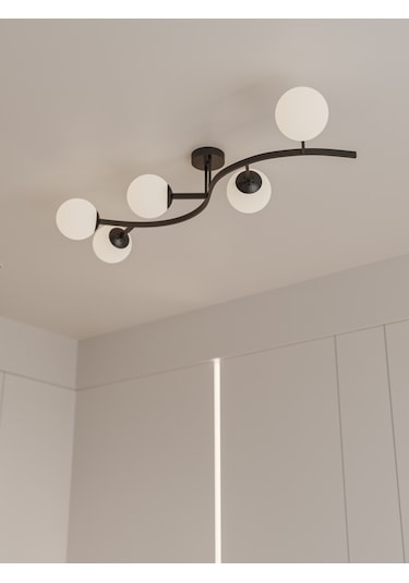 Noria Modern Siyah Metal Gövdeli 5 Li Beyaz Cam Küre Avize