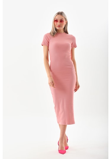 Pembe Kısa Kollu Diz Altı Fitilli Esnek Kalem Elbise - 130 Cm