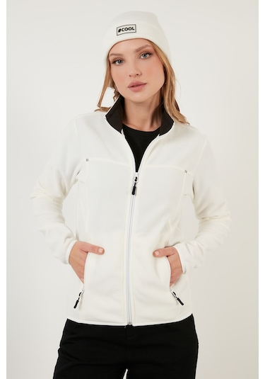 Lela Slim Fit Anti-Pilling Tüylenme Yapmayan Fermuarlı Cepli  Hırka Bayan Polar 5907002 Ekru