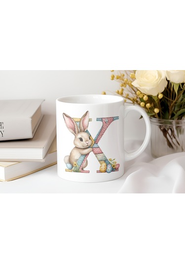 X Harfli Tavşan Kupa - Patchwork / Yamalı Desenli İsme Özel Kupa - Pastel Vintage Tarz Hediyelik 07 Beyaz