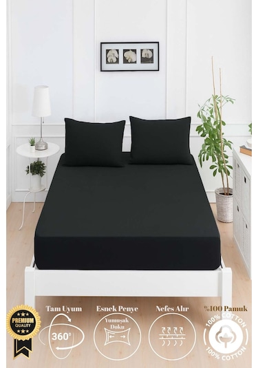 Mirava Premium %100 Pamuk Penye Lastikli Tek Kişilik Çarşaf Takımı 1 Yastık Kılıfı Dahil Siyah 120x200cm Siyah