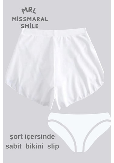 Kadın Beyaz Deniz Havuz Şortu Etek Görünümlü Yırtmaçlı Şık Model İçte Bikini Slip 1101 Beyaz