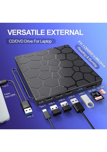 Valkyrie 8in1 Harici Cd Dvd Okuma Yazma Usb 3.0 Hub Çok Amaçlı External Drive Tf Sd Kart Okuyucu