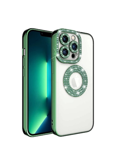 iPhone Uyumlu 13 Pro Kılıf Kamera Korumalı Taş Süslemeli Arkası Şeffaf Redclick Asya Kapak - Yeşil