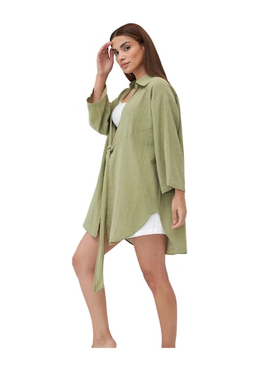 Laluvia Pamuklu Flam Keten Kadın Kimono Gömlek - Haki