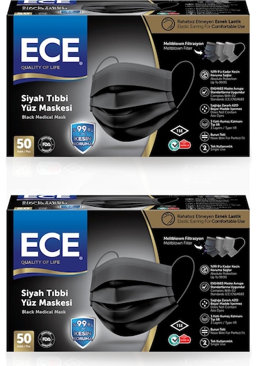 Ece Full Ultrasonik Meltblownlu Maske 50 x 2 100 Adet Siyah