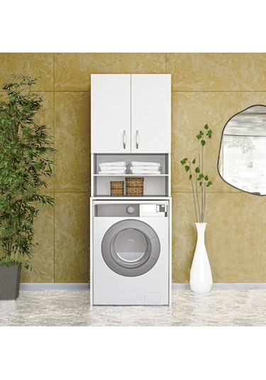 Papatya Çamaşır Makinesi Dolabı, Banyo Dolabı, 4 Raflı, Kapaklı, Beyaz Dolap Beyaz