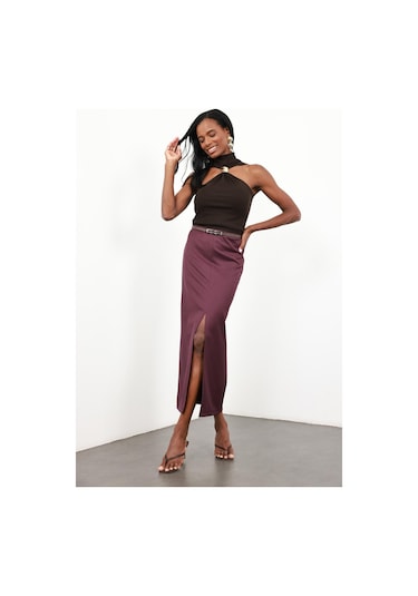 Mürdüm Yırtmaçlı Kalem Etek 41093 Mürdüm