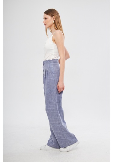 Mavi Yüksek Bel Pileli Cep Detaylı Cırtlı Kadın Kumaş Palazzo Pantolon Gri