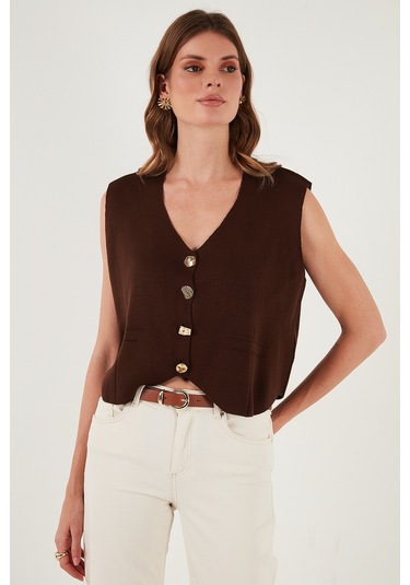 Lela Standart Fit V Yaka Düğmeli Triko Bayan Yelek 4616177 Kahve