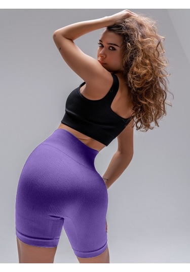 Mistirik Dublin Model Yüksek Bel Fitilli Seamless Biker Şort Lila Renk027 Lila