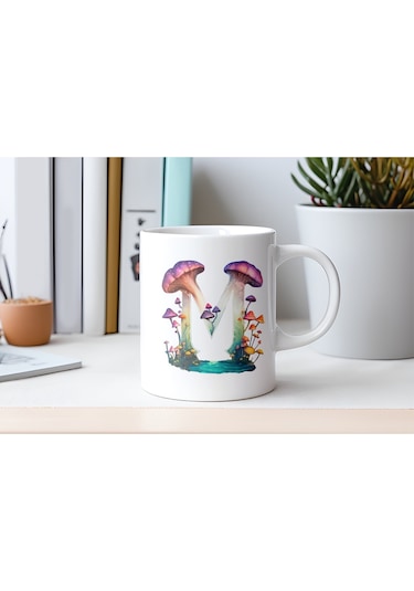 M Baş Harfi Fantastik Mantarlı Kupa Bardak - Kişiye Özel Masalsı Bardak - Hediye Beyaz