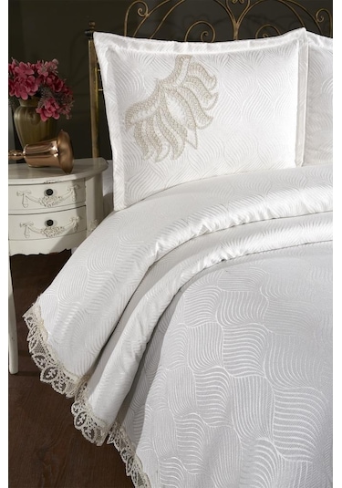 Çeyiz Diyarı Fransız Dantelli Velmora Çift Kişilik Yatak Örtüsü 230x250 Cm Krem
