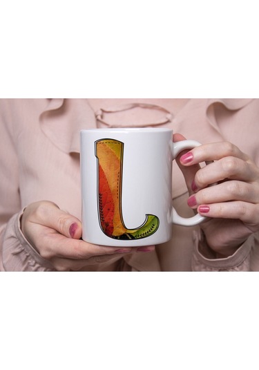 L Harf Yaprak Renkleri İle Kupa Bardak - Kişiye Özel Alfabe Harfli Bardak - Hediye Beyaz