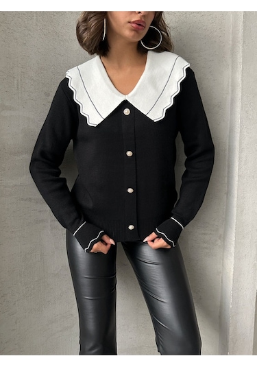 Kadın Yaka Detaylı Triko Bluz Siyah